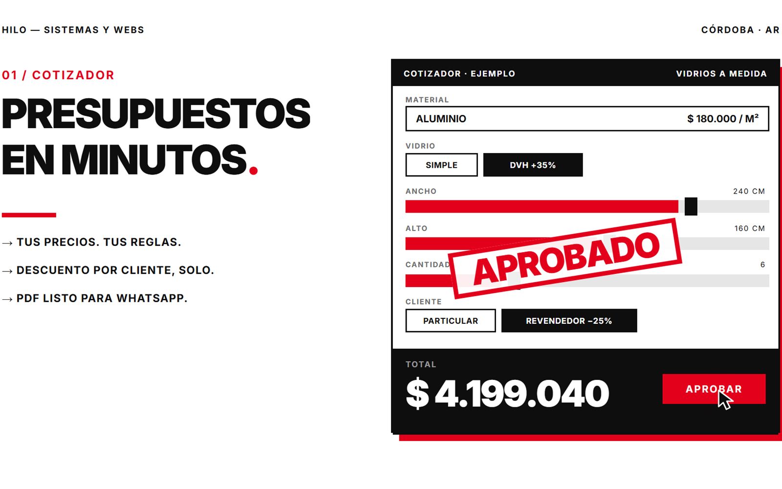 Cotizador con medidas, descuentos y total